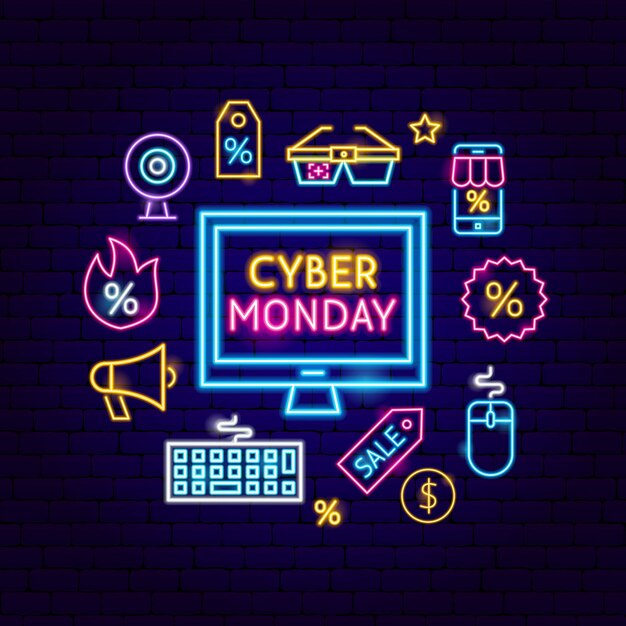 Concepto de neón de computadora cyber monday. ilustración de vector de promoción de venta de compras.