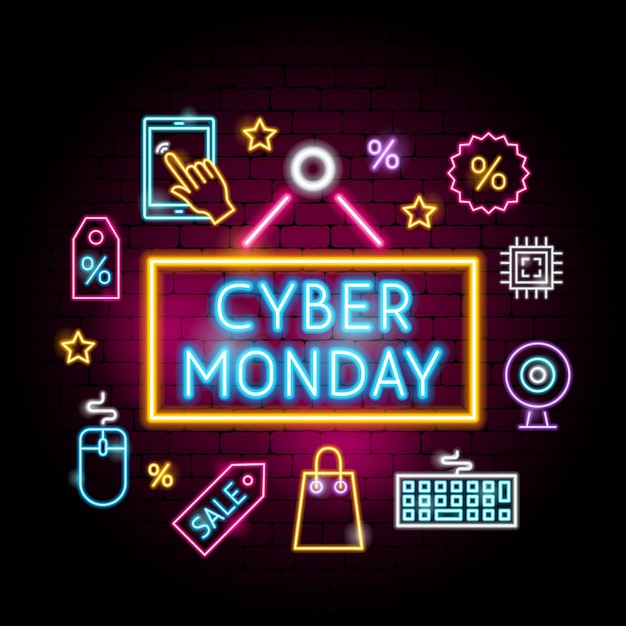 Concepto de neón de Cyber Monday. Ilustración de vector de promoción de venta de compras.