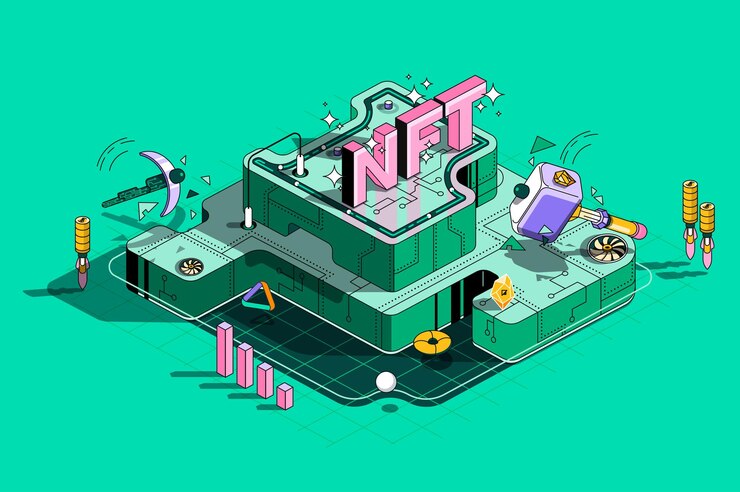 Vector concepto nft diseño web de contorno isométrico 3d venta de obras de arte digital y contenido digital en nft