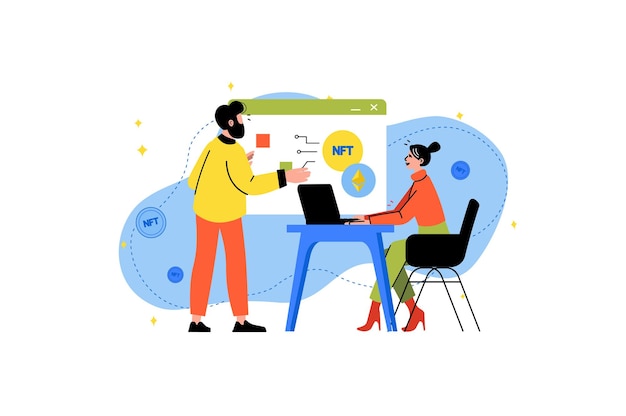Concepto NFT con escena de personas en el diseño de dibujos animados planos Dos personas inteligentes aprenden todas las sutilezas de NFTbusiness Ilustración vectorial