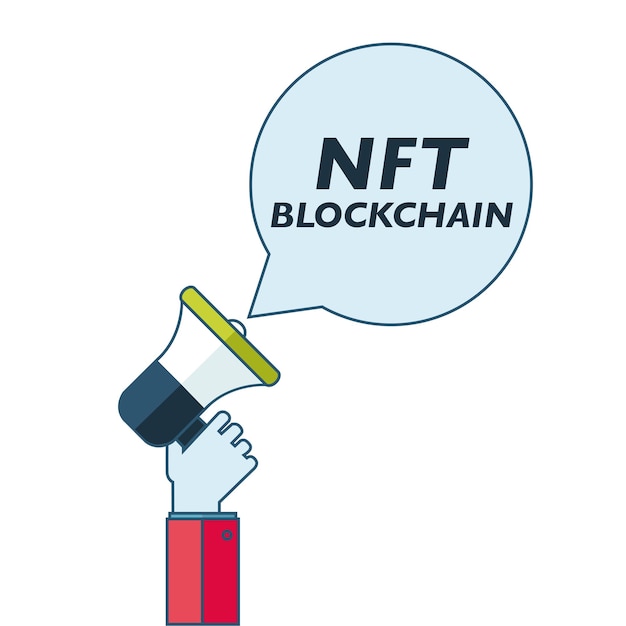 Concepto de NFT con megáfono, token no fungible, vector en blanco