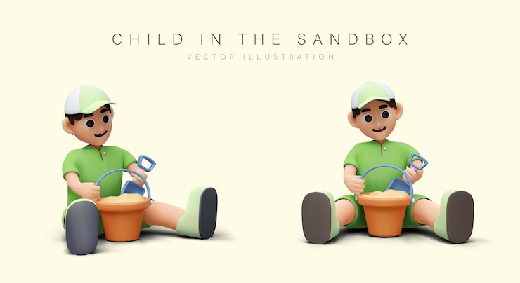 Vector concepto de niño en caja de arena niño sentado sosteniendo un cubo