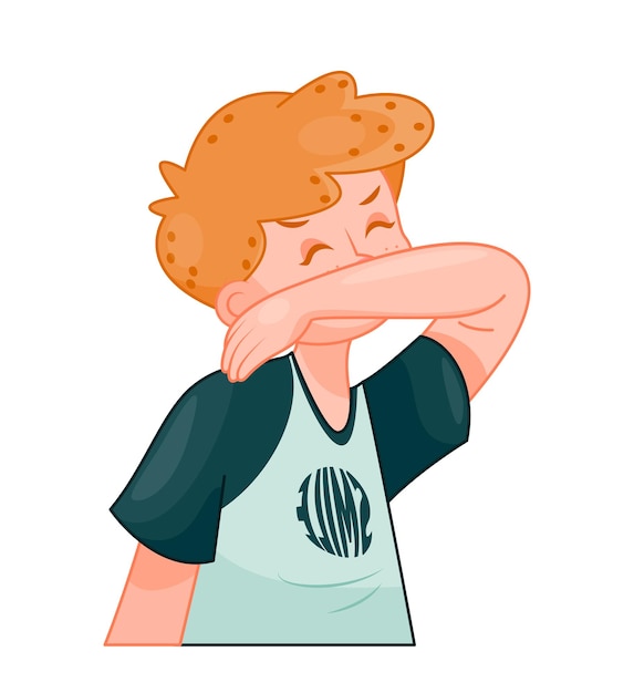 Concepto de niño enfermo Niño o adolescente estornuda Chico joven con resfriado o gripe Infografía y cartel médico Elemento gráfico para el sitio web Ilustración vectorial plana de dibujos animados aislada sobre fondo blanco