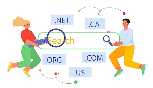Concepto de nombre de dominio de sitio web hombre y mujer cerca de un bar de búsqueda joven chico y chica cerca de internet