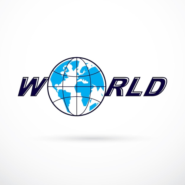Concepto de noticias mundiales y globales, emblema vectorial de la Tierra azul dividida con meridianos y compuesta con inscripción mundial.