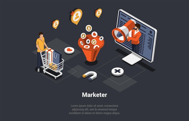 El concepto de una nueva empresa emergente o un comercializador profesional de carácter de proyecto con altavoz promueve nuevas conversiones de ventas de proyectos y estrategias de aumento de tráfico Ilustración vectorial de dibujos animados 3d isométrica