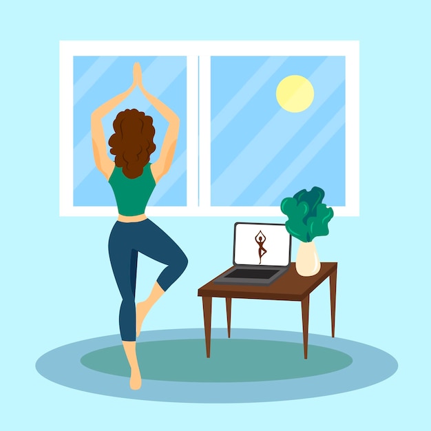 Vector concepto de nuevas habilidades de aprendizaje en línea. mujer practica yoga virtualmente en línea con un profesor.