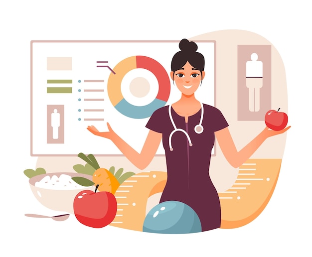 Vector concepto nutricionista. programa de pérdida de peso y plan de dieta. dietoterapia con alimentos saludables