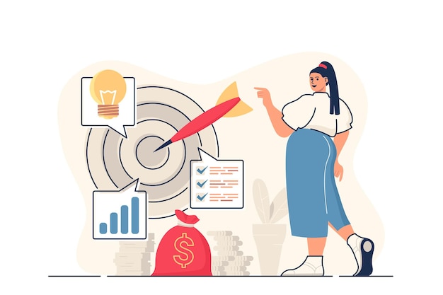 Vector concepto de objetivo empresarial para banner web mujer siguiendo una estrategia empresarial exitosa apuntar al objetivo