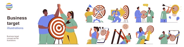 Concepto de objetivo empresarial con colección de situaciones de personajes Paquete de escenas que las personas analizan datos de mercado que alcanzan el objetivo de carrera con flecha y logran objetivos Ilustraciones vectoriales en diseño web plano