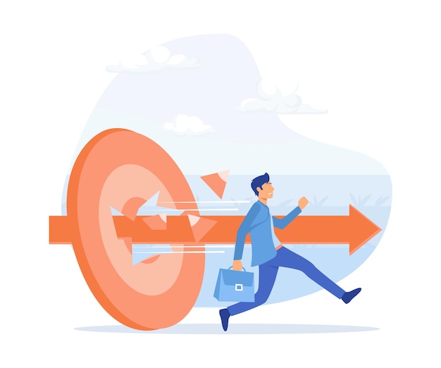 Concepto de objetivo empresarial super hombre de negocios corriendo y rompiendo tiro con arco objetivo para lograr una ilustración moderna de vector plano exitoso