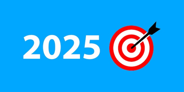 El concepto de objetivos empresariales 2025 se centra en un símbolo objetivo junto a bloques de madera que forman el año 2025