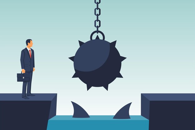 Concepto de obstáculo de hombre de negocios Obstáculo en el camino Riesgo comercial Superación de obstáculos en el camino con tiburones depredadores flotantes Camino al éxito Diseño plano de ilustración vectorial Barrera en el camino al éxito
