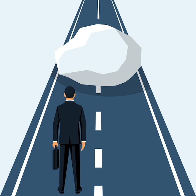 Vector concepto de obstáculo de hombre de negocios obstáculo en el camino superación de obstáculos en la gente de la carretera logro de la meta diseño plano de ilustración vectorial barrera en el camino hacia el éxito el hombre de negocios se encuentra frente a una gran piedra
