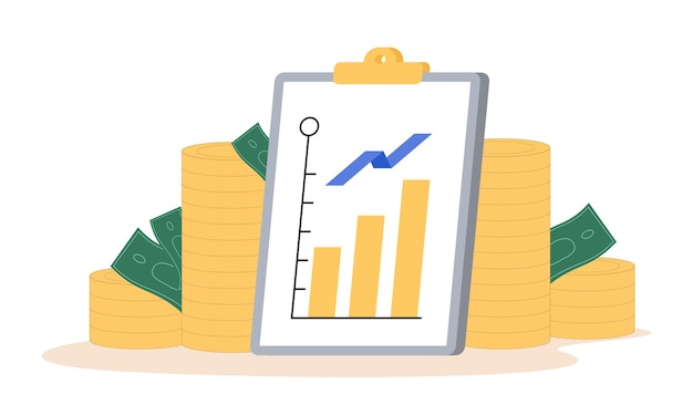 Concepto de ocupación financiera bloc de notas con gráficos y diagramas cerca de monedas de oro Inversión y comercio emprendimiento Ilustración vectorial plana de dibujos animados aislada sobre fondo blanco