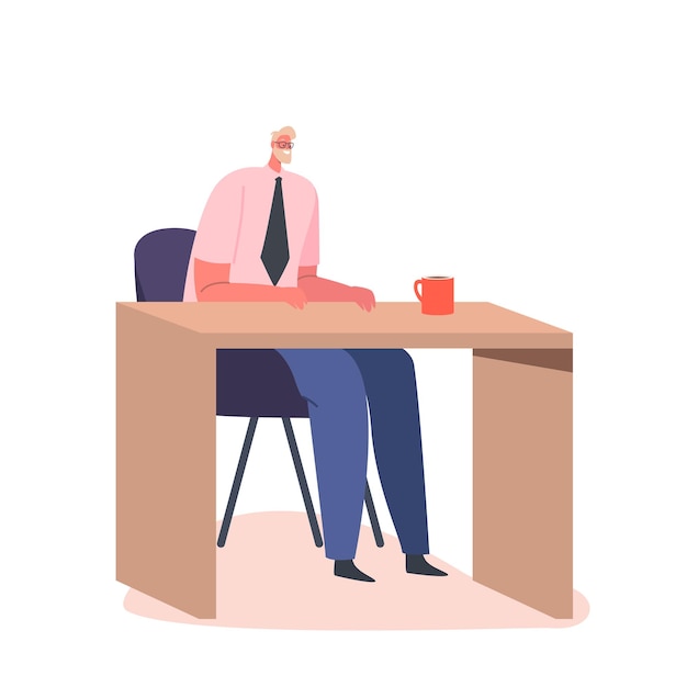 Concepto de ocupación de trabajador de oficina Carácter de empleado o gerente de hombre de negocios sentado en el escritorio con una taza de café en el lugar de trabajo