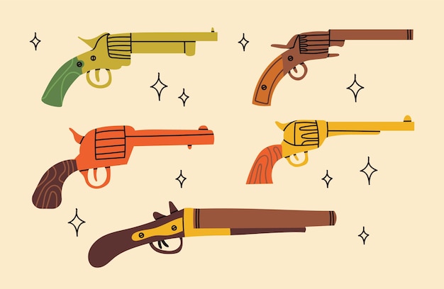 Concepto del oeste salvaje del tema occidental del vaquero. Conjunto de vectores coloridos dibujados a mano. Conjunto diferente de armas de vaquero.
