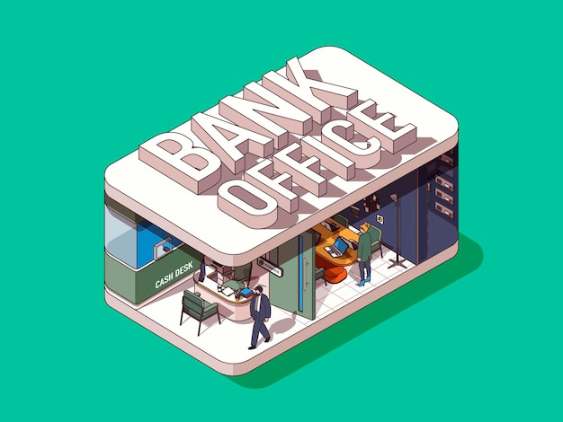 Concepto de oficina bancaria en diseño gráfico isométrico 3d servicio financiero y apertura de cuenta bancaria caja del cliente ilustración vectorial con personas en el interior de la habitación isométrica para banner web