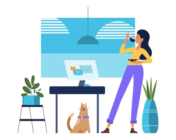 Vector concepto de oficina en casa mujer joven con computadora de taza de café y gato en el interior del hogar flat