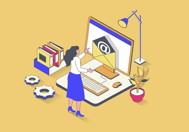 Concepto de oficina de negocios en diseño isométrico 3d Mujer haciendo correo electrónico promocional haciendo trámites y trabajando en computadora en el lugar de trabajo Ilustración vectorial con escena de personas de isometría para gráficos web