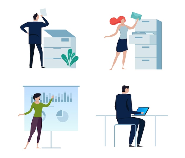 concepto de oficina personas de negocios ilustración vectorial diseño plano colección en muchas posturas hombre y mujer