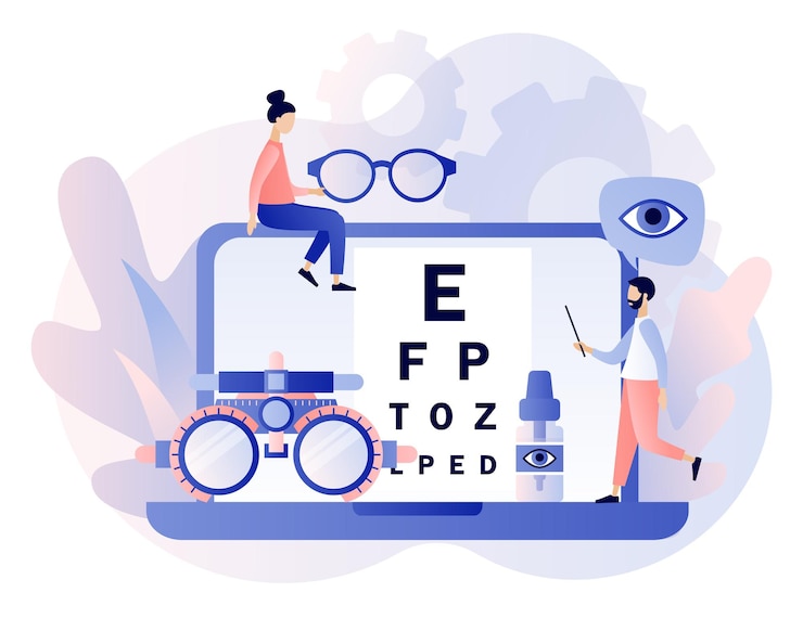 Vector concepto de oftalmología revisión de ojos oftalmólogo revisa la vista del paciente estilo moderno de dibujos animados planos