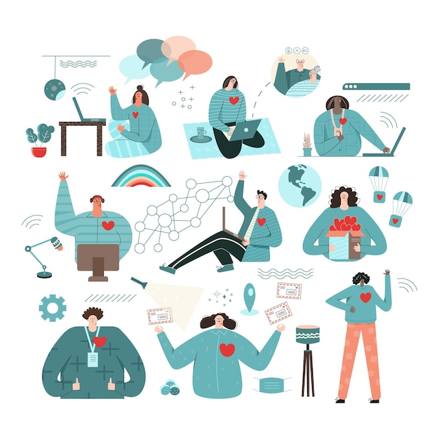 Concepto de oportunidades de voluntariado virtual. Establecer lugares para la ilustración de vector plano en línea de caridad. La comunidad internacional mundial apoya a las personas necesitadas. Voluntariado de trabajo en equipo, apoyo y ayuda para humanos.