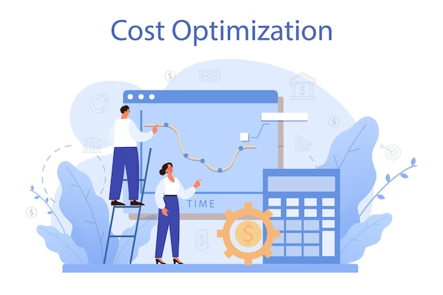 Concepto de optimización de costos idea de estrategia financiera y de marketing balance de costos e ingresos reducción de gastos y costos al tiempo que se maximiza el valor comercial vector de ilustración plana aislada