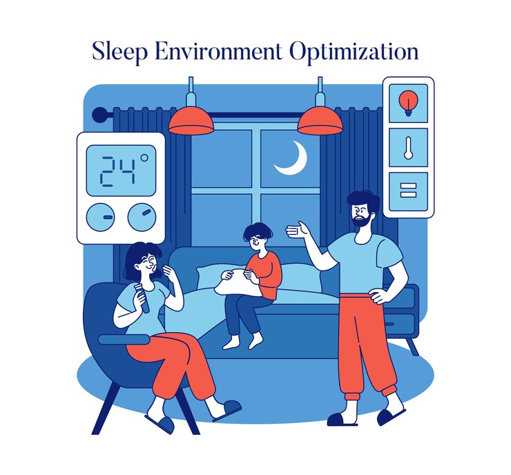 Vector concepto de optimización del entorno del sueño familia que participa en rutinas de relajación antes de acostarse dentro de un ambiente acogedor