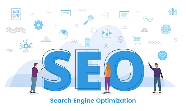 Concepto de optimización de motor de búsqueda seo con grandes palabras y personas rodeadas de un icono relacionado con estilo de color azul