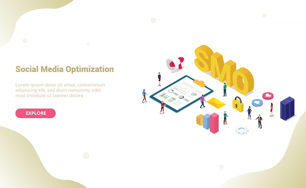 Concepto de optimización de redes sociales de Smo con moderno para plantilla de sitio web o página de inicio de aterrizaje