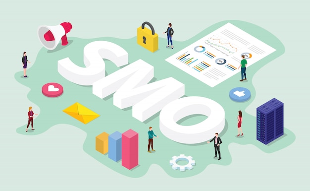 Concepto de optimización de redes sociales de Smo con trabajo en equipo digital en el análisis de datos de negocios