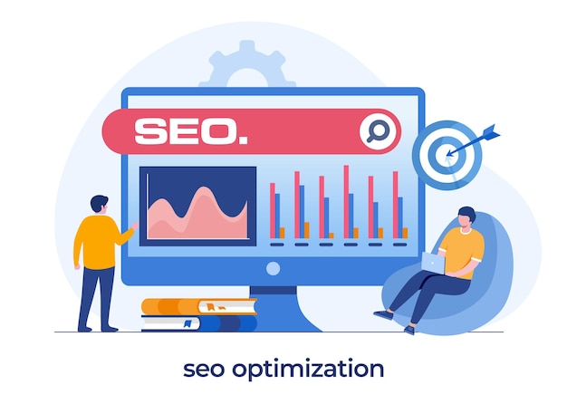 Concepto de optimización SEO, desarrollo de sitios web, emprendedor, web de negocios, analista de datos, vector de ilustración plana