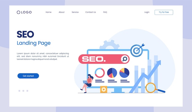 Concepto de optimización SEO desarrollo de sitios web empresario analista de datos web de negocios ilustración plana vector página de destino
