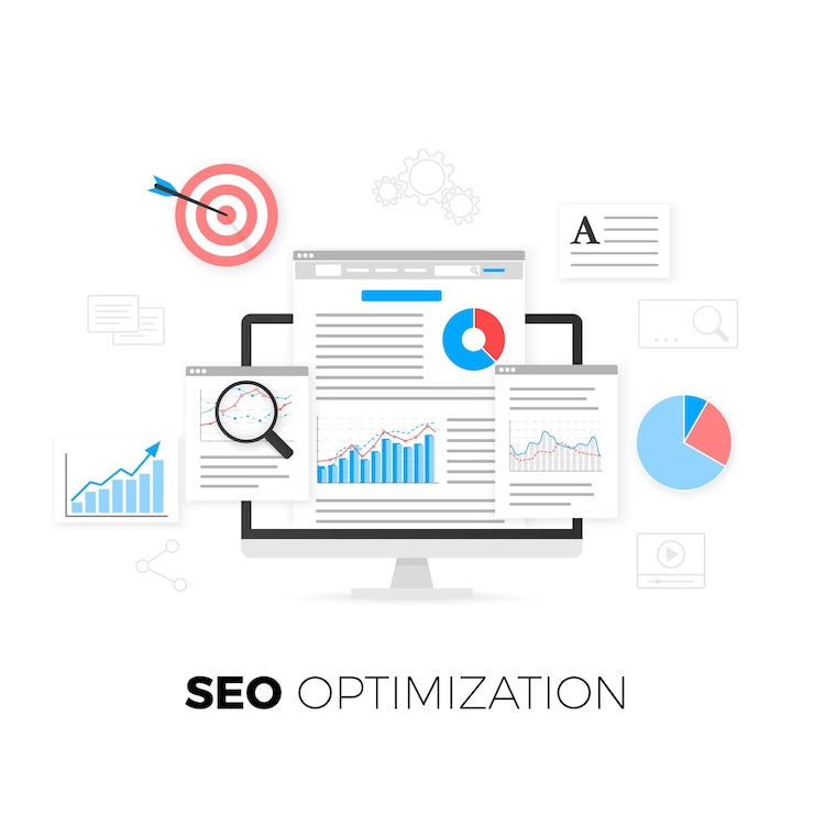Vector concepto de optimización seo. estrategia de optimización de motores de búsqueda. analítica de datos. desarrollo y producción de contenido.