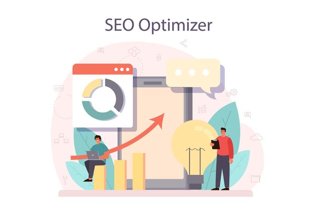 Concepto de optimizador de SEO. Idea de optimización de motores de búsqueda para sitios web. Promoción de páginas web en internet.