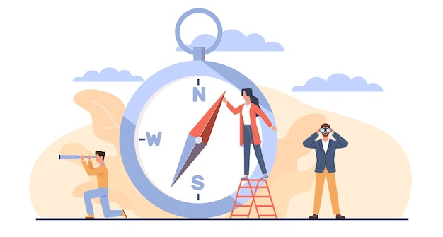 Concepto de orientación empresarios con brújula y telescopio en busca de la dirección correcta camino exitoso para el desarrollo de la empresa la elección de la planificación del futuro Ilustración de vector plano de dibujos animados