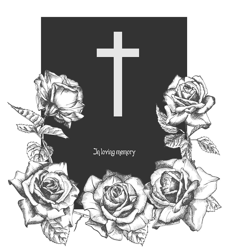 Vector concepto de ornamento funerario con rosas dibujadas a mano y cruz en color negro aislado en blanco estilo grabado vintage diseño de fondo de plantilla moderno para obituario de tarjeta de invitación