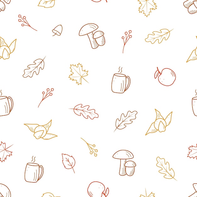 Concepto de otoño de patrones sin fisuras Ilustración de fondo vectorial de hojas de otoño té caliente y manzana