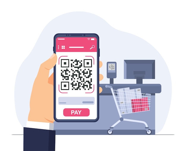 El concepto de pagar bienes en la tienda a través de un código qr ilustración vectorial