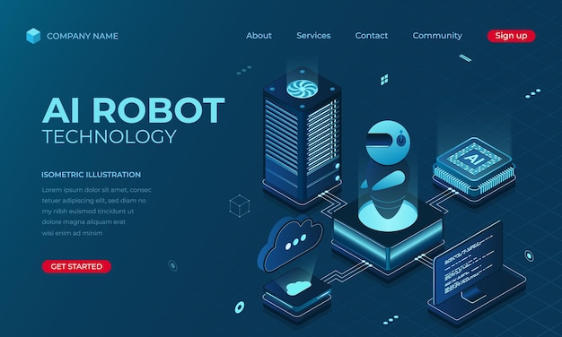 El concepto de la página de aterrizaje del robot de inteligencia artificial isométrica Tecnología de aprendizaje automático Página de aterraje del sitio web de tecnología digital Ilustración vectorial