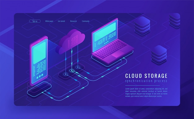 Concepto de página de destino de almacenamiento en la nube isométrica.