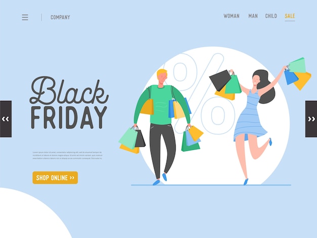 Concepto de página de destino sobre tema comercial, venta en línea de Black Friday. para el diseño de sitios web móviles y páginas web. Personajes planos de hombre y mujer con compras