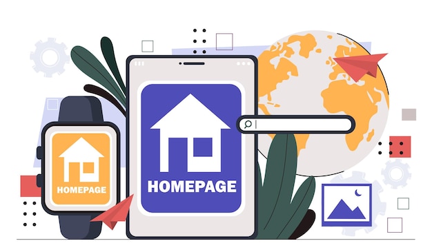 Vector concepto de página de inicio del sitio web pantalla de teléfono inteligente con página web inicial de búsqueda de gadgets y dispositivos del sitio web