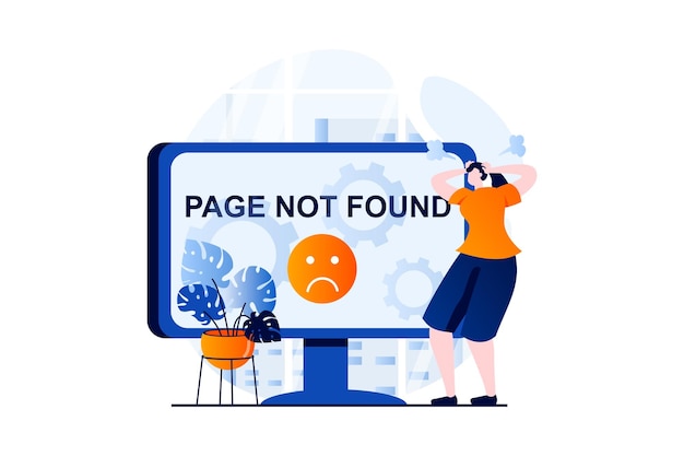 Concepto de página no encontrada con escena de personas en diseño de dibujos animados planos Mujer enojada ve un letrero de sitio web roto con error de acceso y bloqueo de página en la pantalla de la computadora Historia visual de ilustración vectorial para web