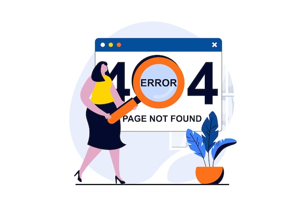 Concepto de página no encontrada con escena de personas en diseño plano de dibujos animados Mujer con lupa buscando sitio con problema de desconexiones y arreglando errores de acceso 404 Ilustración vectorial historia visual para web