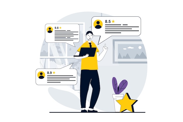 Concepto de página de retroalimentación con escena de personas en diseño plano para la web Hombre dejando comentarios con revisión de la experiencia del cliente y evaluación del usuario Ilustración vectorial para material de marketing de banner de redes sociales