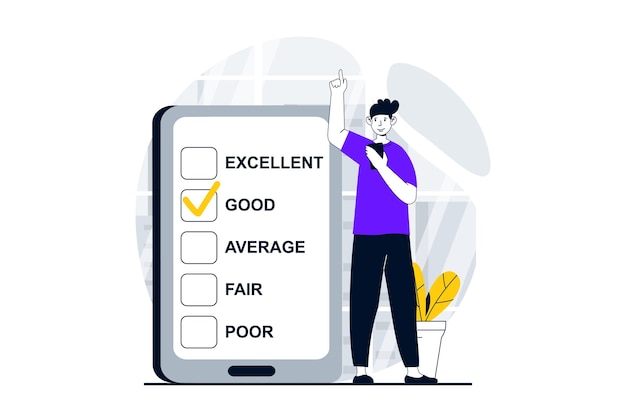 Concepto de página de retroalimentación con gente escena en diseño plano para web Hombre eligiendo una buena evaluación en cuestionario lista de comprobación en aplicación móvil Ilustración vectorial para medios sociales material de marketing de banner