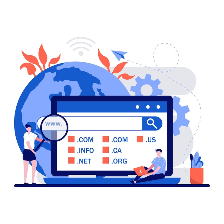Vector concepto de página web de registro de dominio con carácter de personas pequeñas elegir