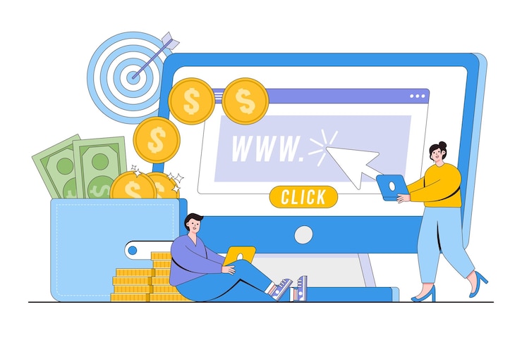 Vector concepto de pago por clic para ganar dinero en línea hombre y mujer jóvenes que usan una computadora portátil para obtener ganancias ilustración de vector mínimo de estilo de diseño de esquema para imágenes de héroe de infografía de banner web de página de destino